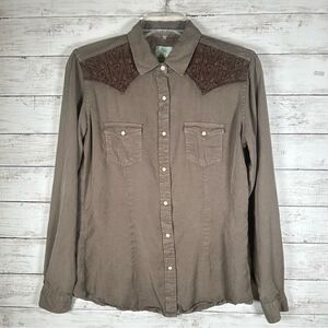 Panhandle Rough Stock Tencel Army Green Snap Country Western Cowgirl Shirt S